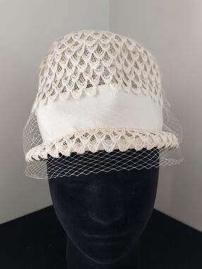 Vintage-Inspired Cream Lace Cloche Hat with Veil